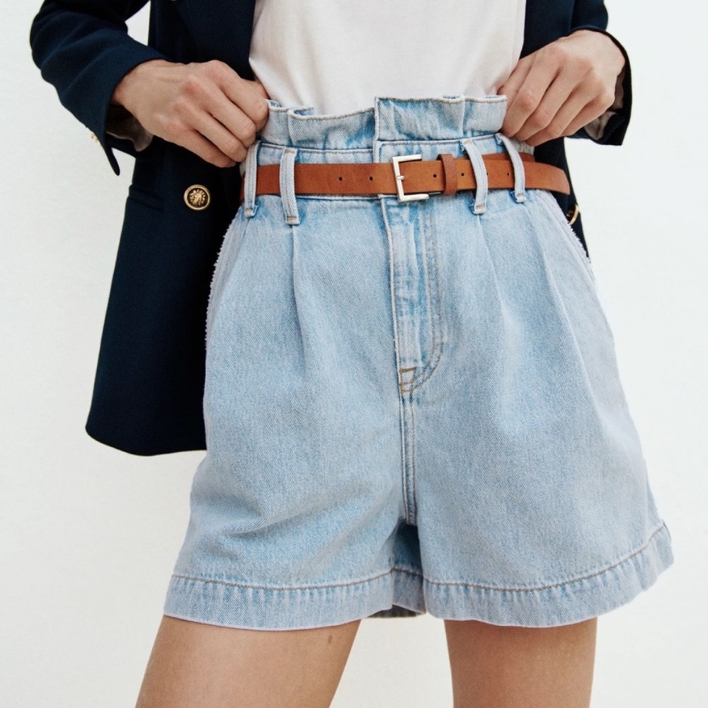 Zara Belted High-Waisted Paper Bag Denim Shorts